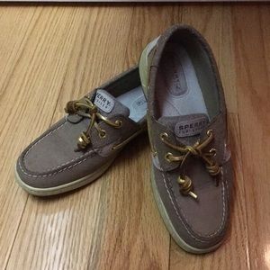 Tan Sperry Boat Shoes w Gold Accents